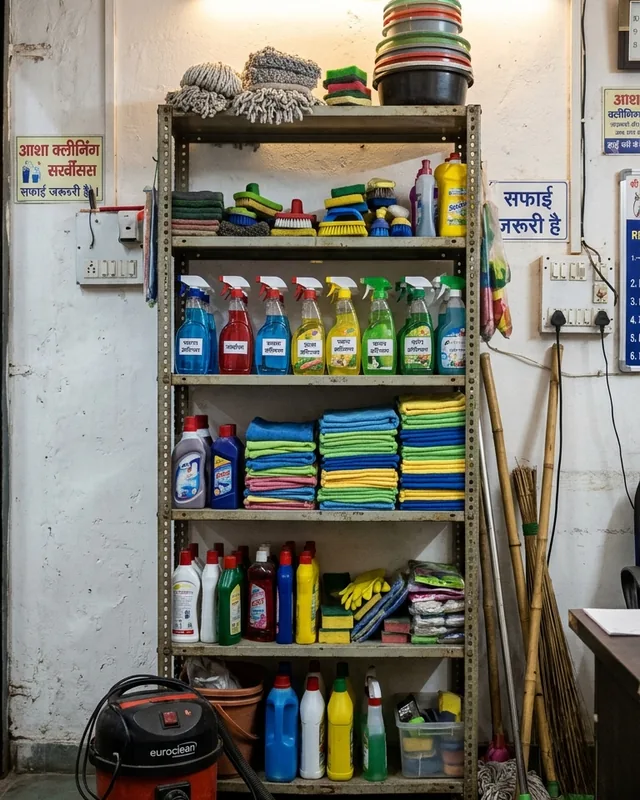 Shelf of cleaning supplies and machines used for deep cleaning service in Jaipur